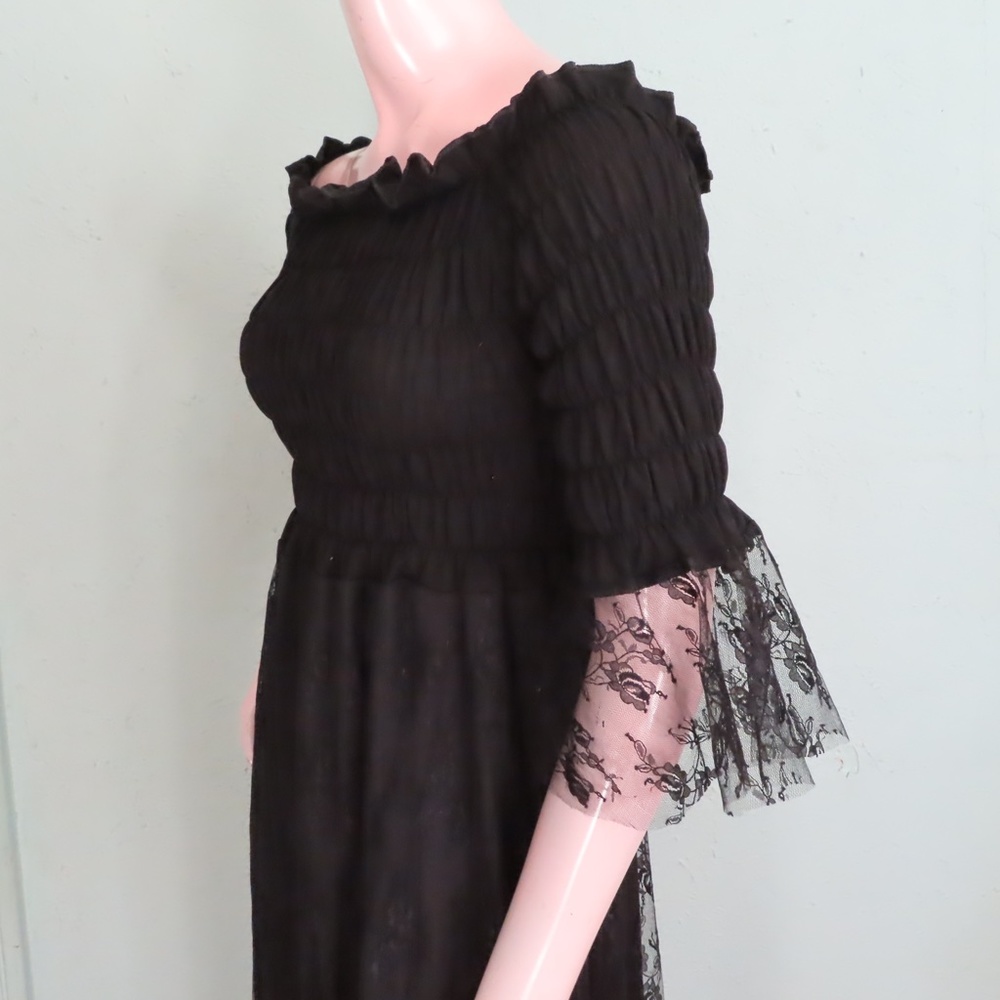 Goth Black Lace Dress Shirred Bodice Tattered Hem